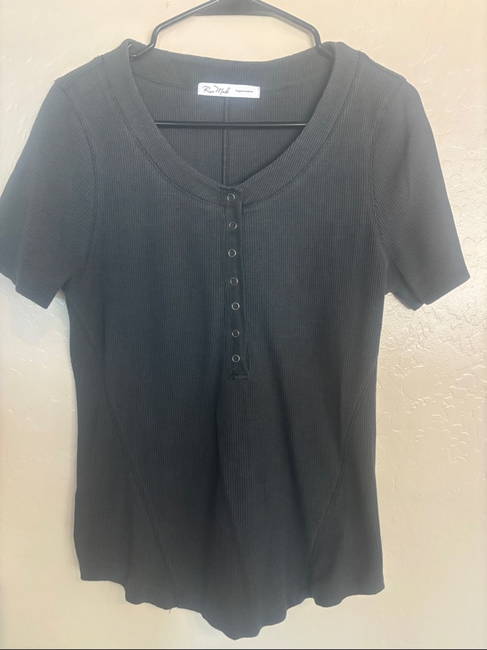 Rae Mode Black Ribbed Short Sleeve Henley Top